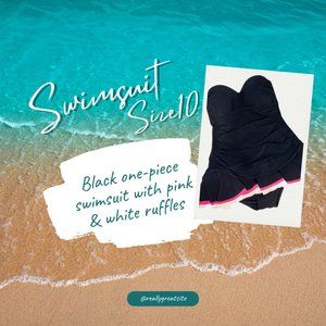 Black one-piece swimsuit with pink & white ruffles